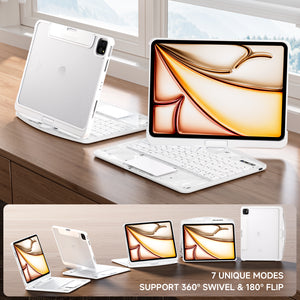 Transparent White Mechanical Style iPad Keyboard Case – 360° Rotatable,7-Color Backlight,Multi-Touch