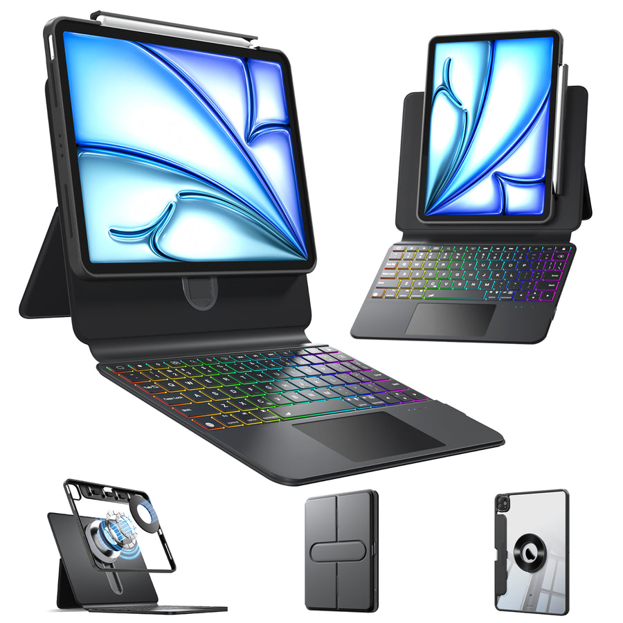Sliding Rail Keyboard Case – Adjustable Height & 360° Rotating, Magnetic Detachable, 7-Color RGB Backlit & Bluetooth Connectivity
