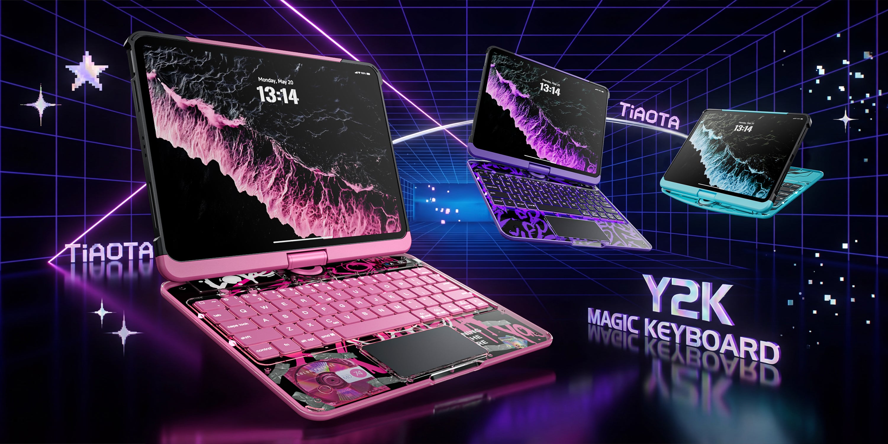 Transparent iPad keyboard cases in pink purple and blue Y2K styles