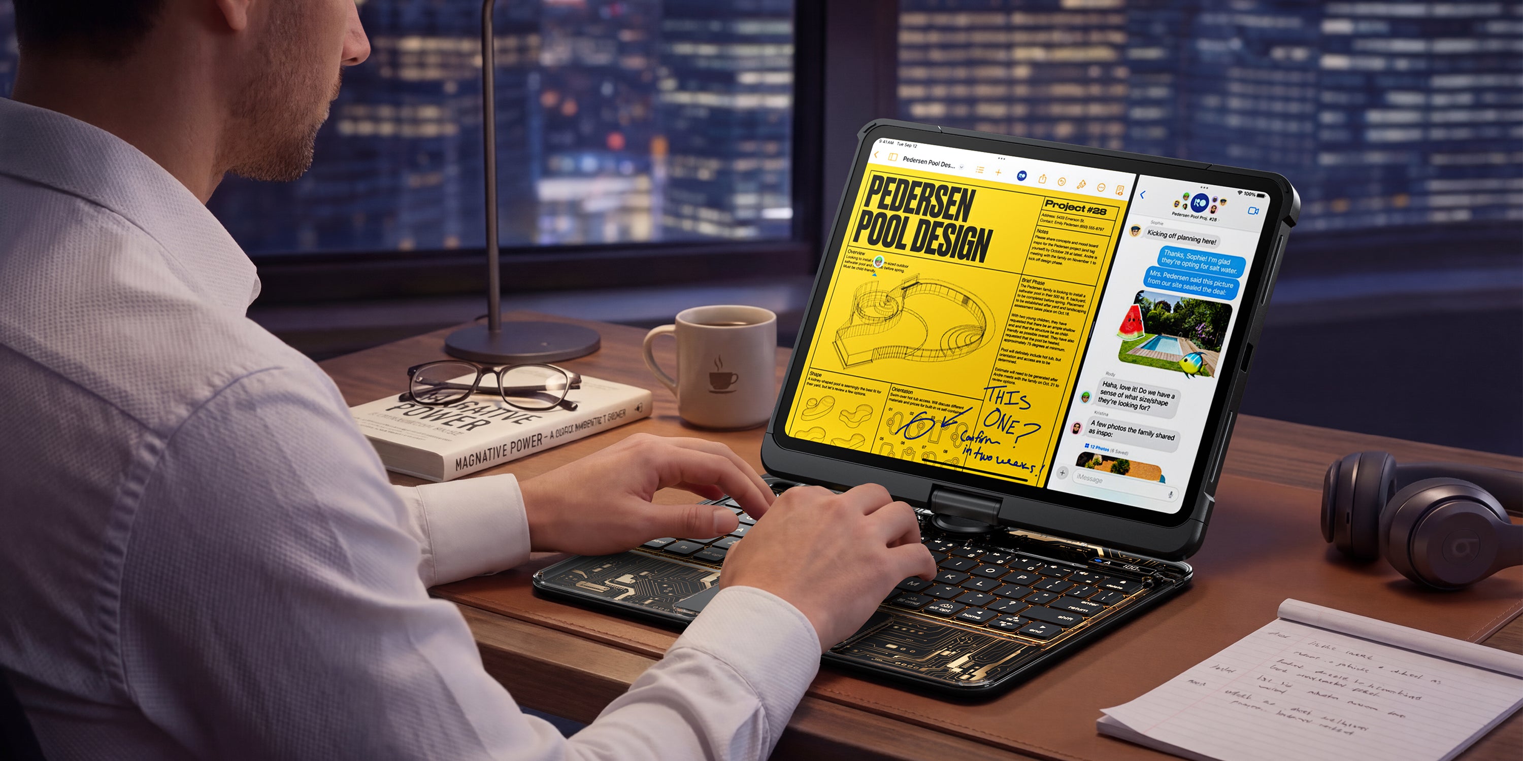 Black-gold transparent iPad keyboard case used in a modern office workspace