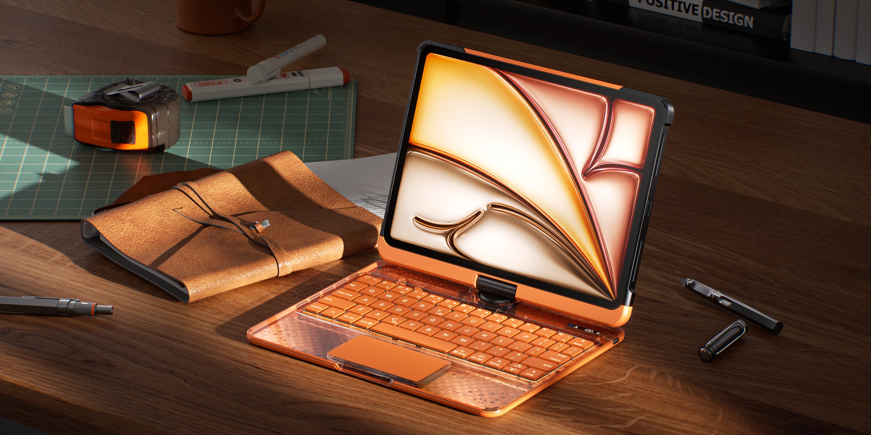 Cosmic Orange iPad keyboard case in a warm and cozy desk setup