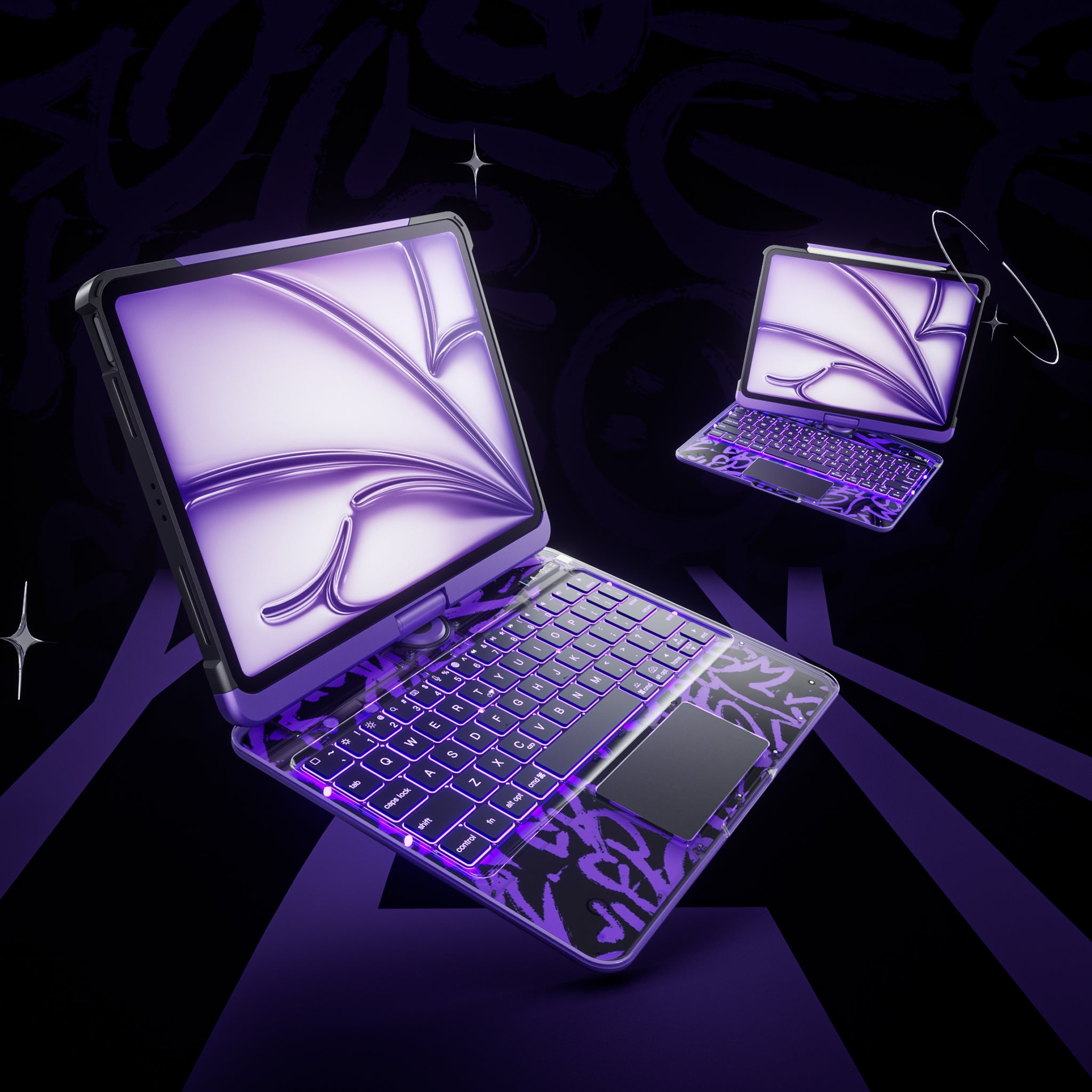 Y2K aesthetic transparent iPad keyboard case in purple with backlit keys