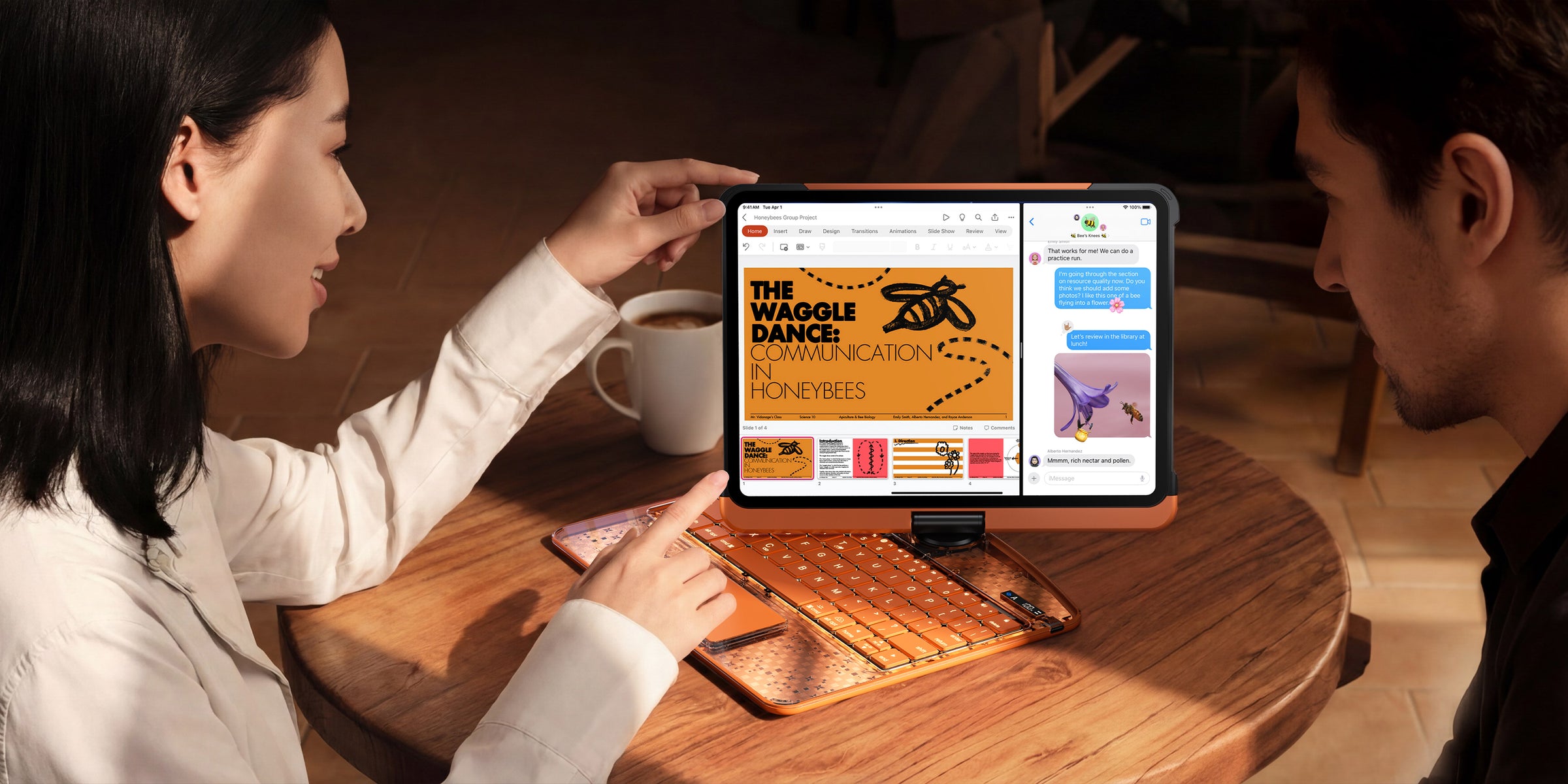 Transparent orange iPad keyboard case used for everyday work and shared home living