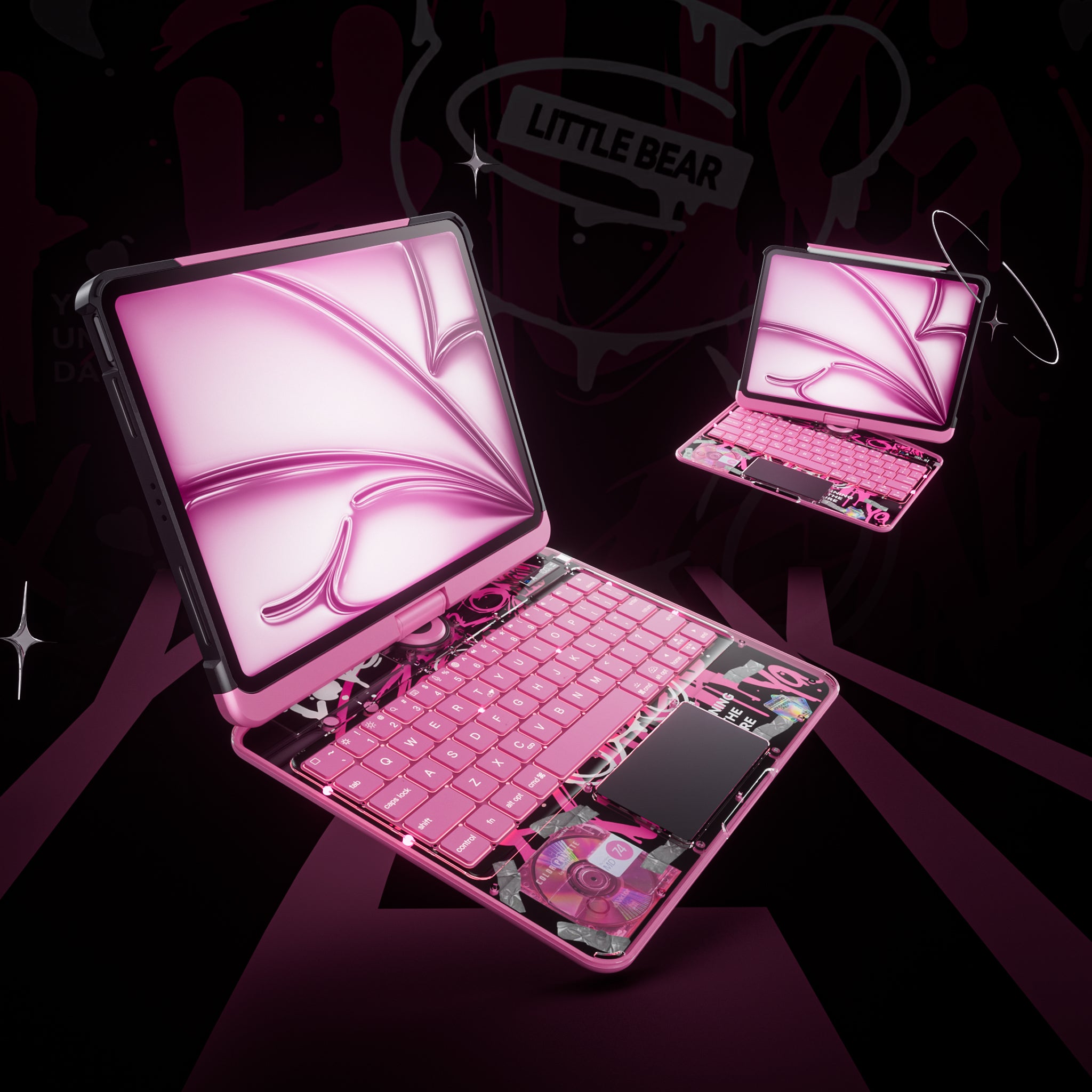 Y2K aesthetic transparent iPad keyboard case in pink with backlit keys