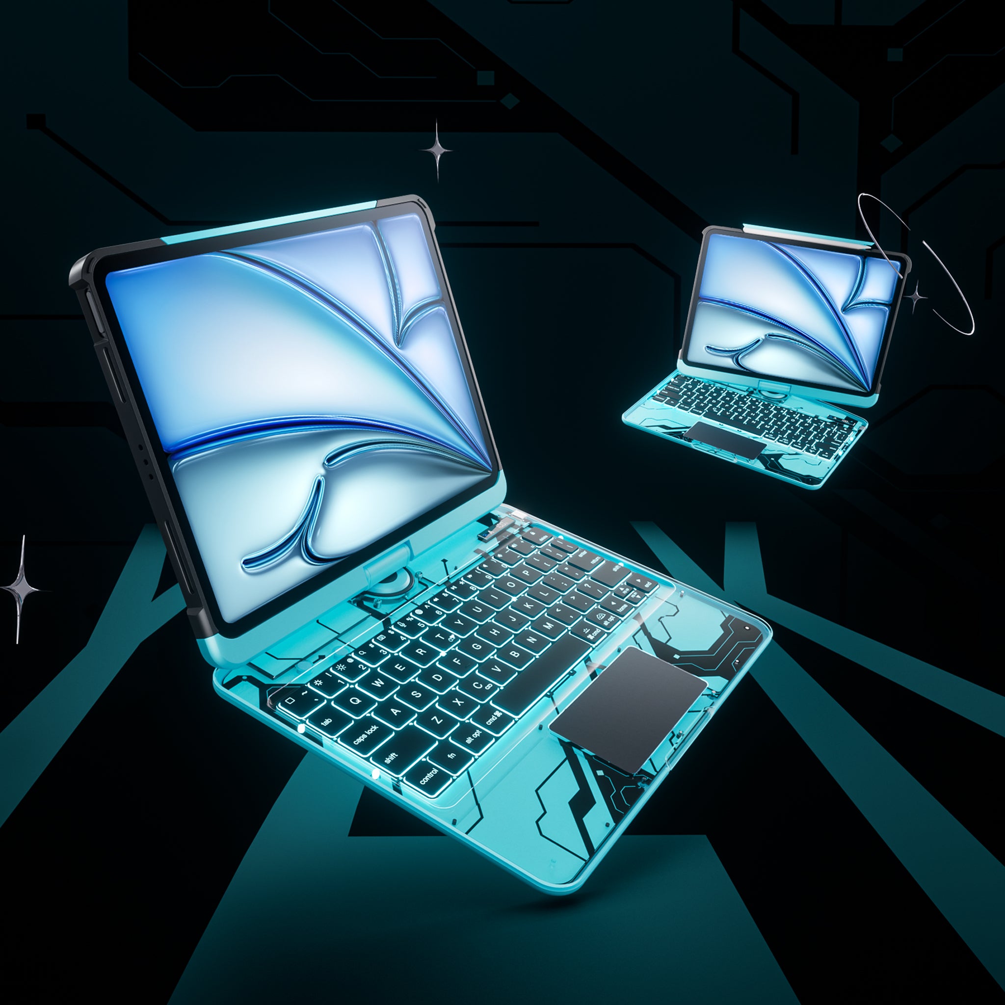 Y2K aesthetic transparent iPad keyboard case in blue with backlit keys