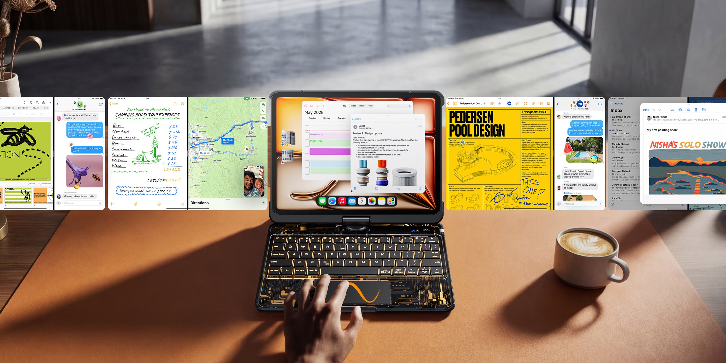 Transparent iPad keyboard case used for multitasking in a productivity desk setup
