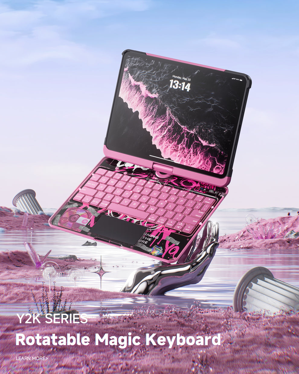 Y2K aesthetic transparent iPad keyboard case in pink with backlit keys