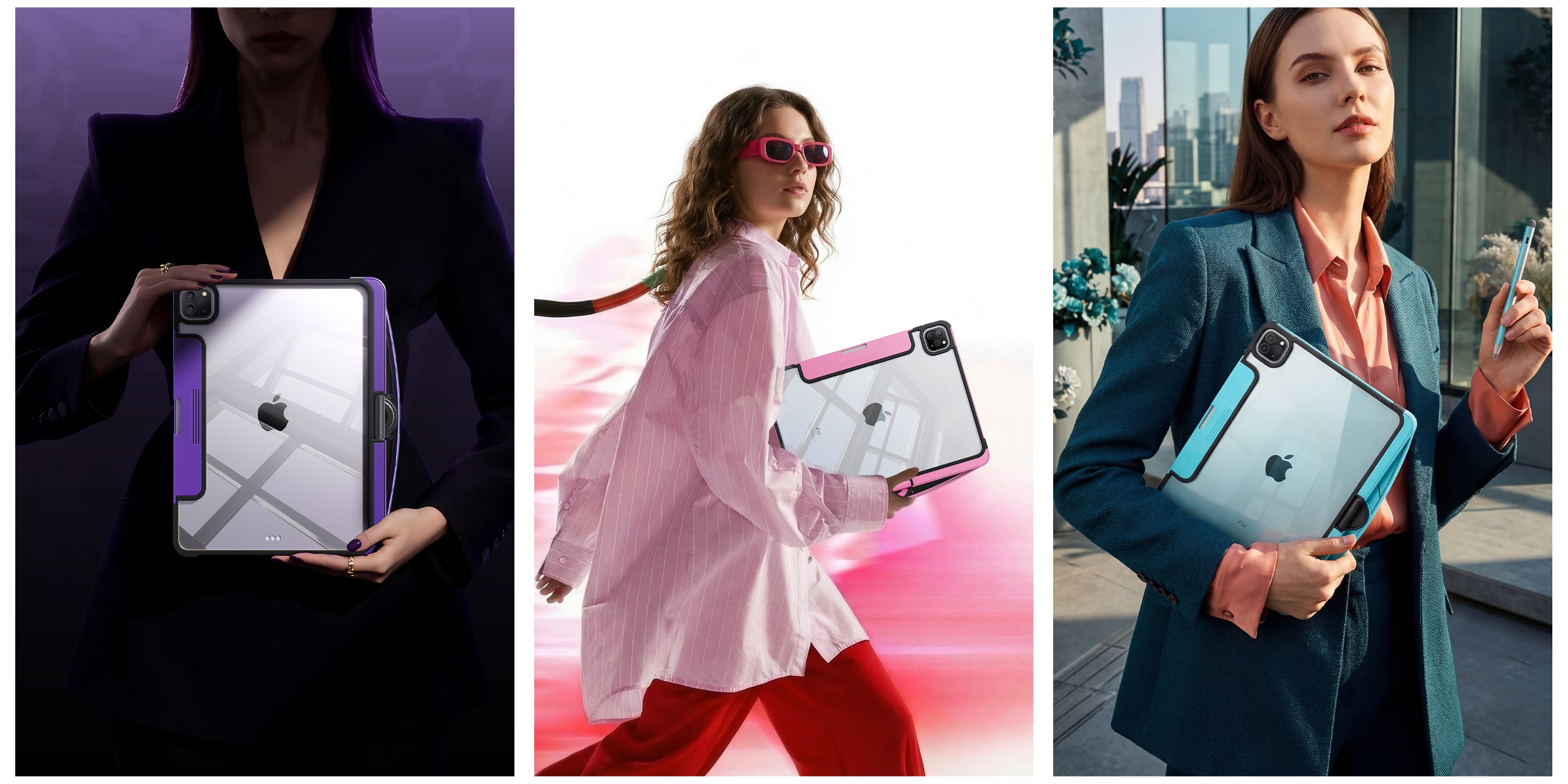 Woman holding a transparent iPad keyboard case in a fashion-inspired Y2K scene