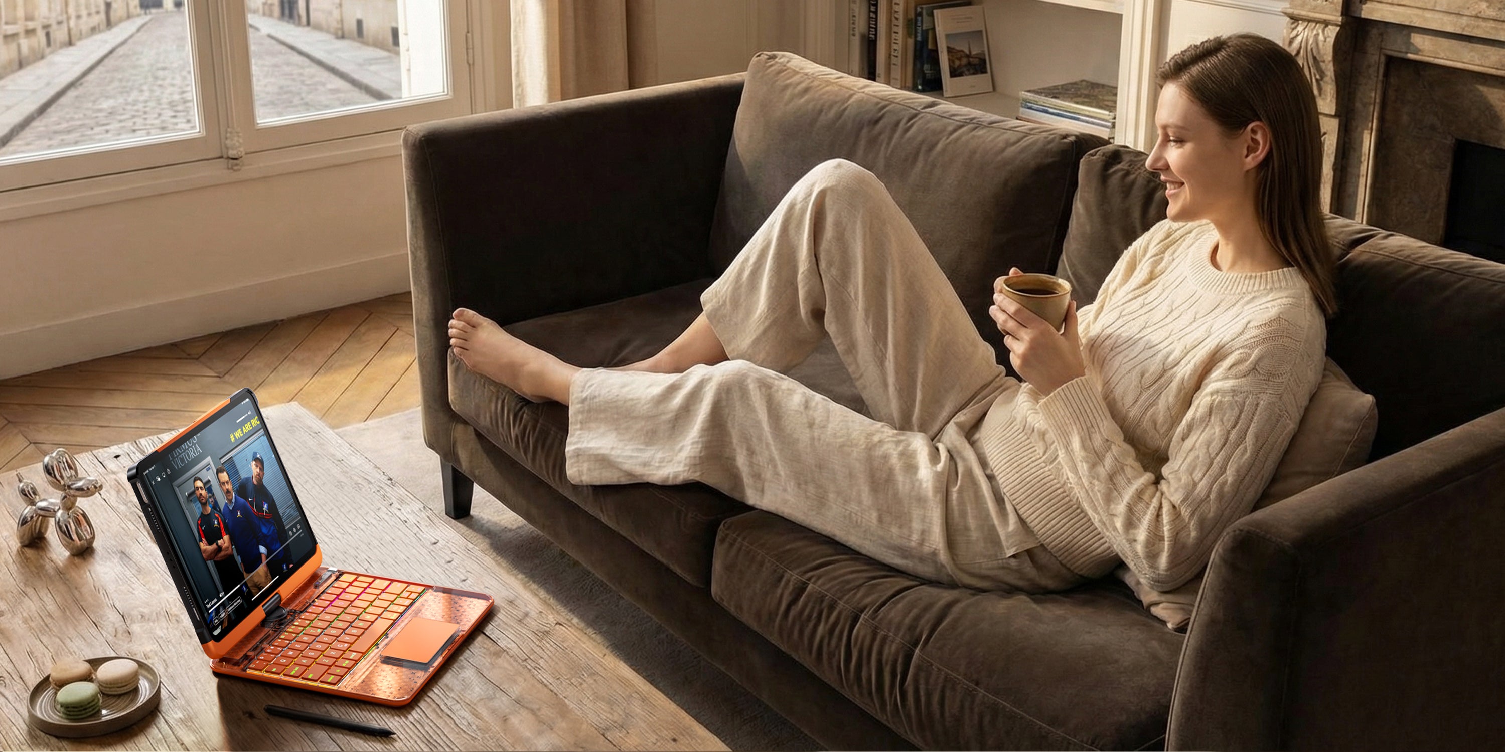 Cosmic Orange iPad keyboard case used in a relaxed home living space
