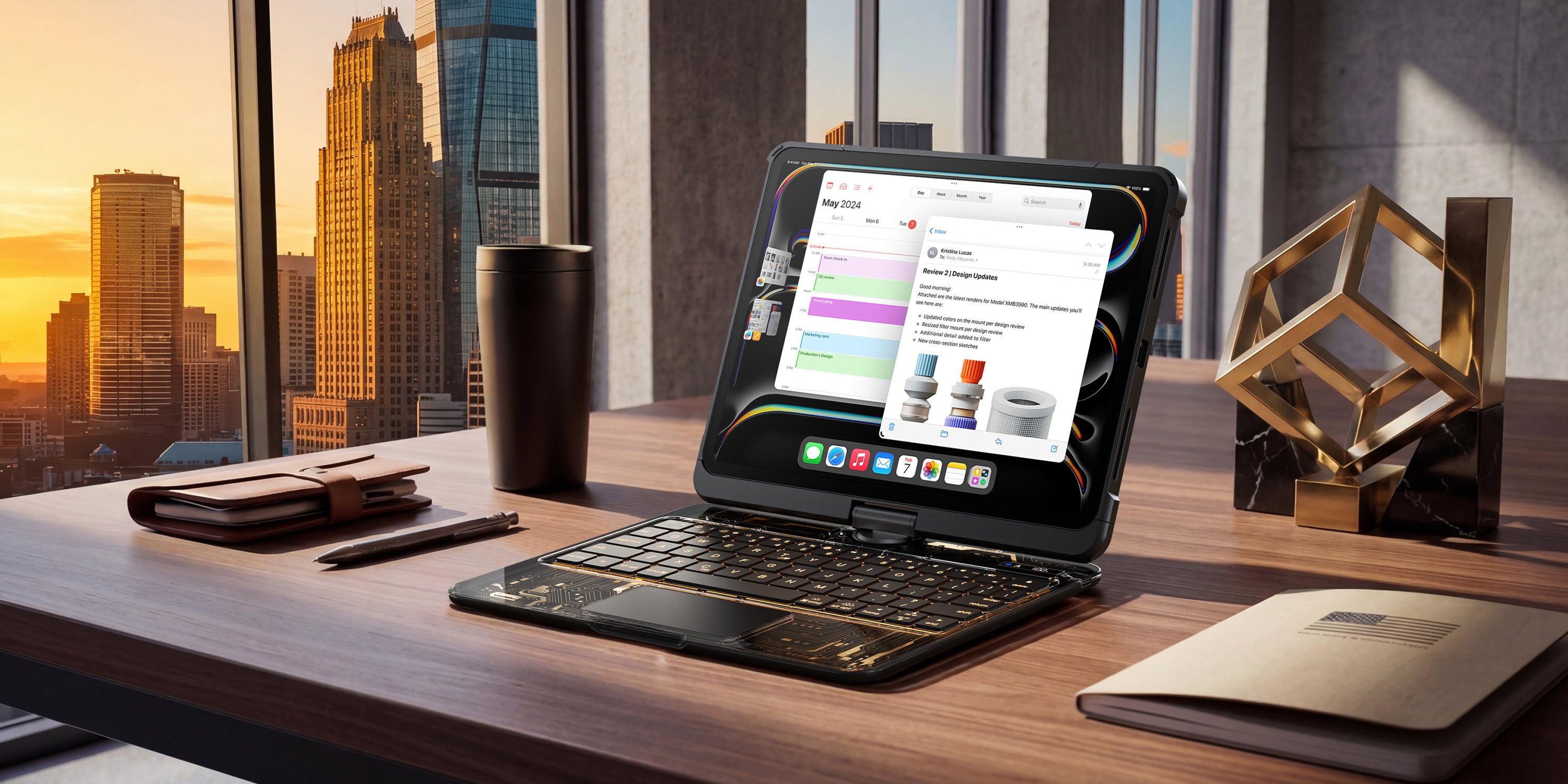 Transparent iPad keyboard case in a refined office desk setup with modern aesthetic