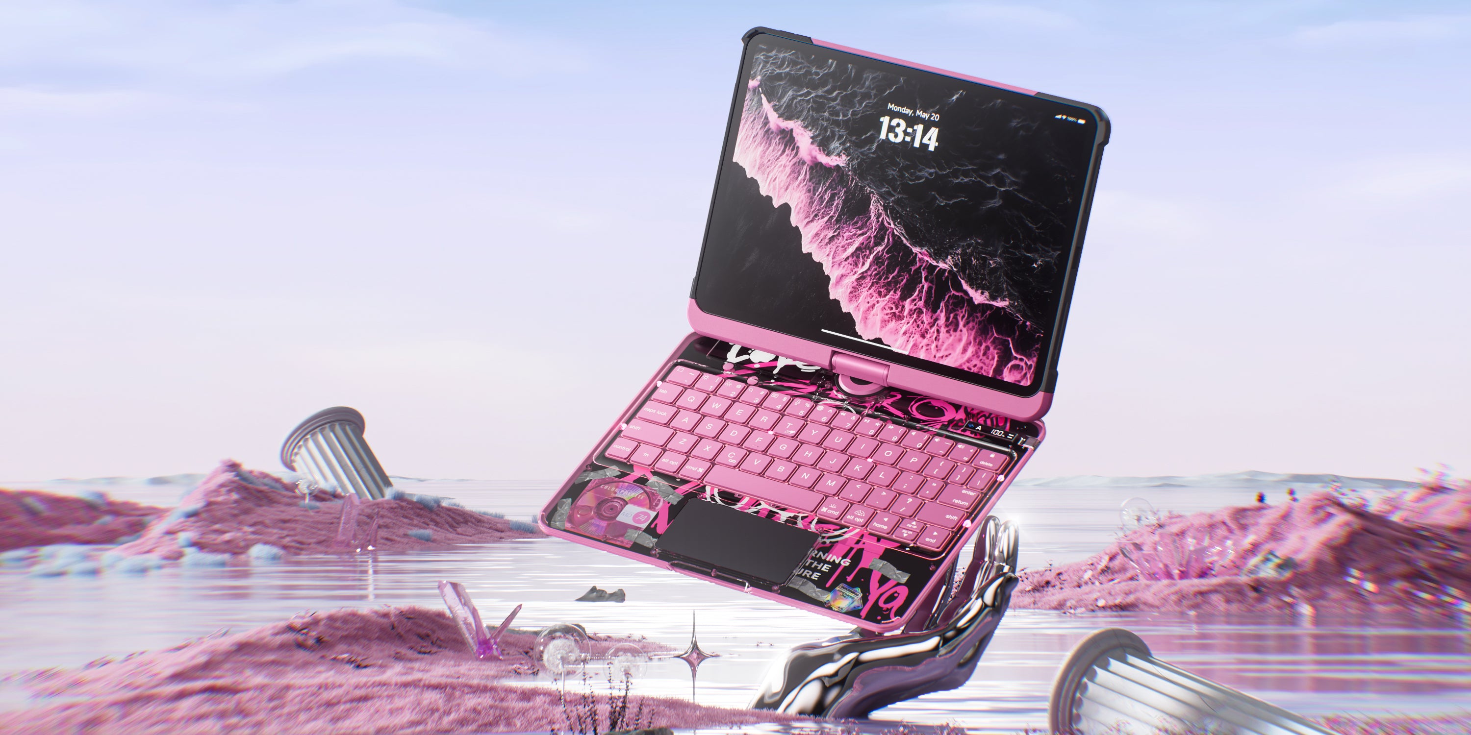 Pink Y2K iPad keyboard case with transparent design and RGB backlight