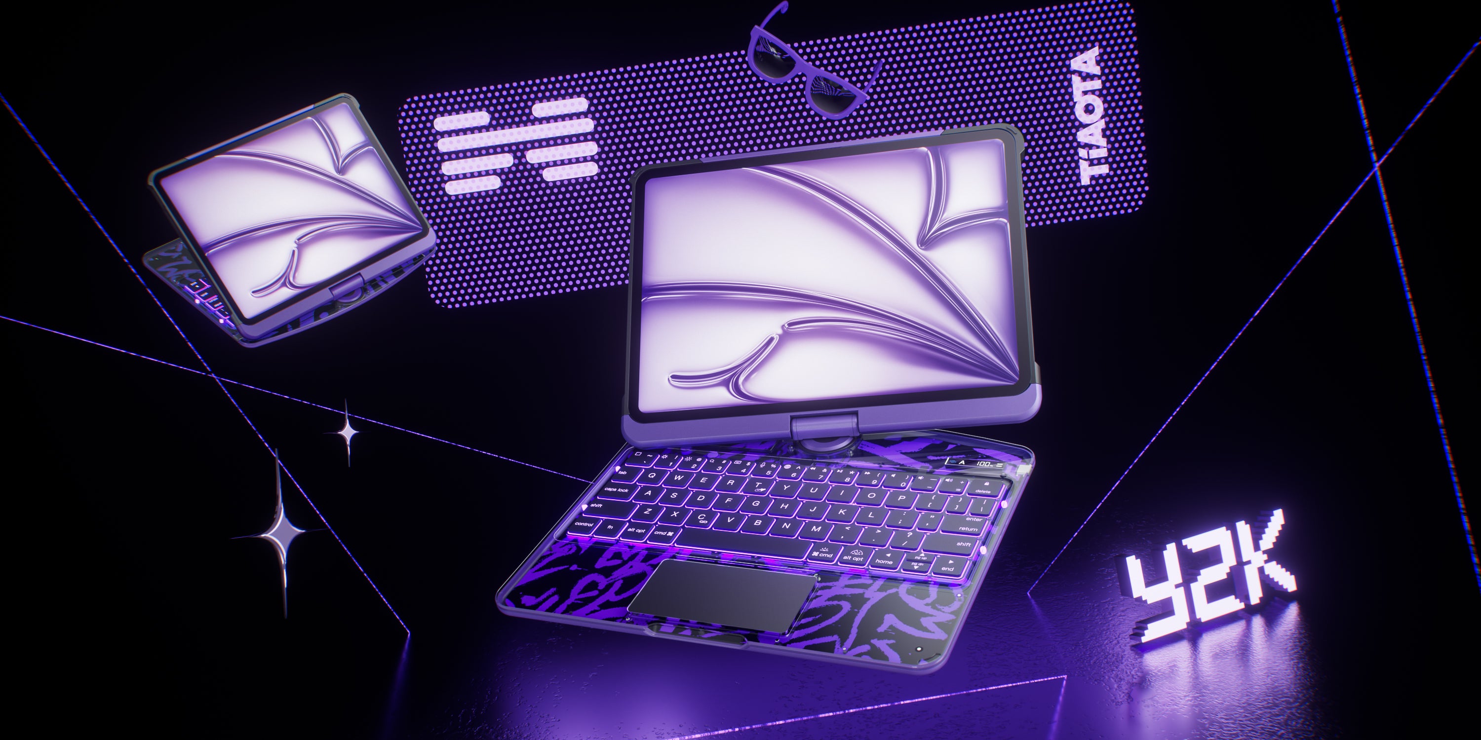 Purple Y2K iPad keyboard case with transparent design and RGB backlight