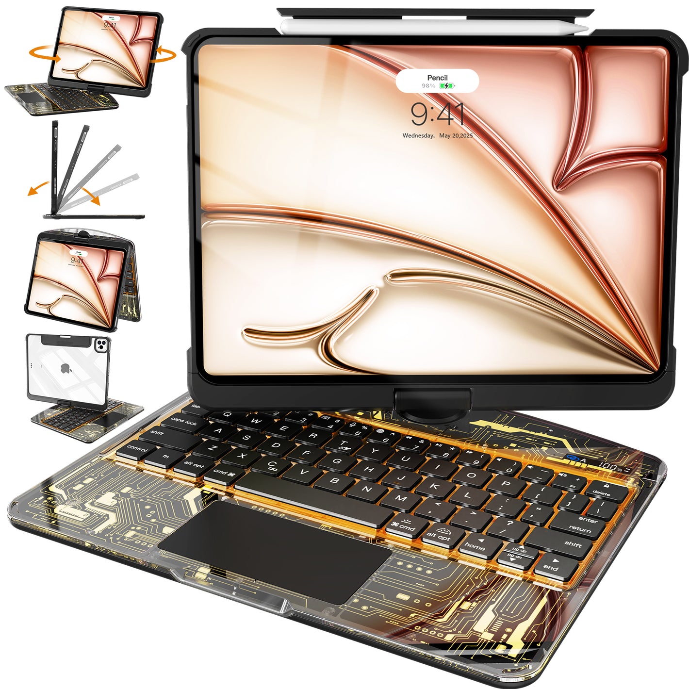 Transparent Black Mechanical Style iPad Keyboard Case – 360° Rotatable, 7-Color Backlight, Multi-Touch